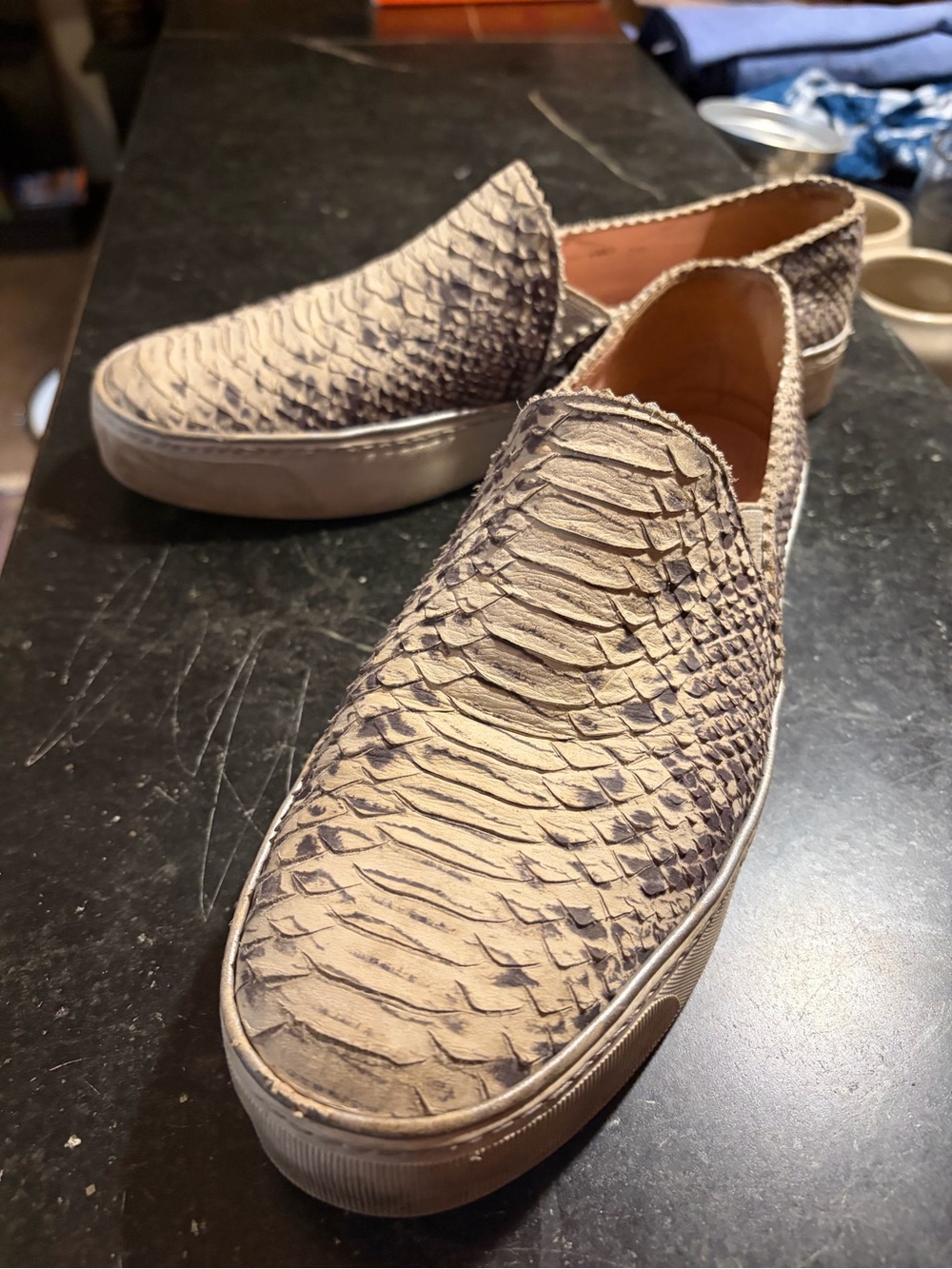 Women’s Slip-On Textured Leather Sneakers in Beige